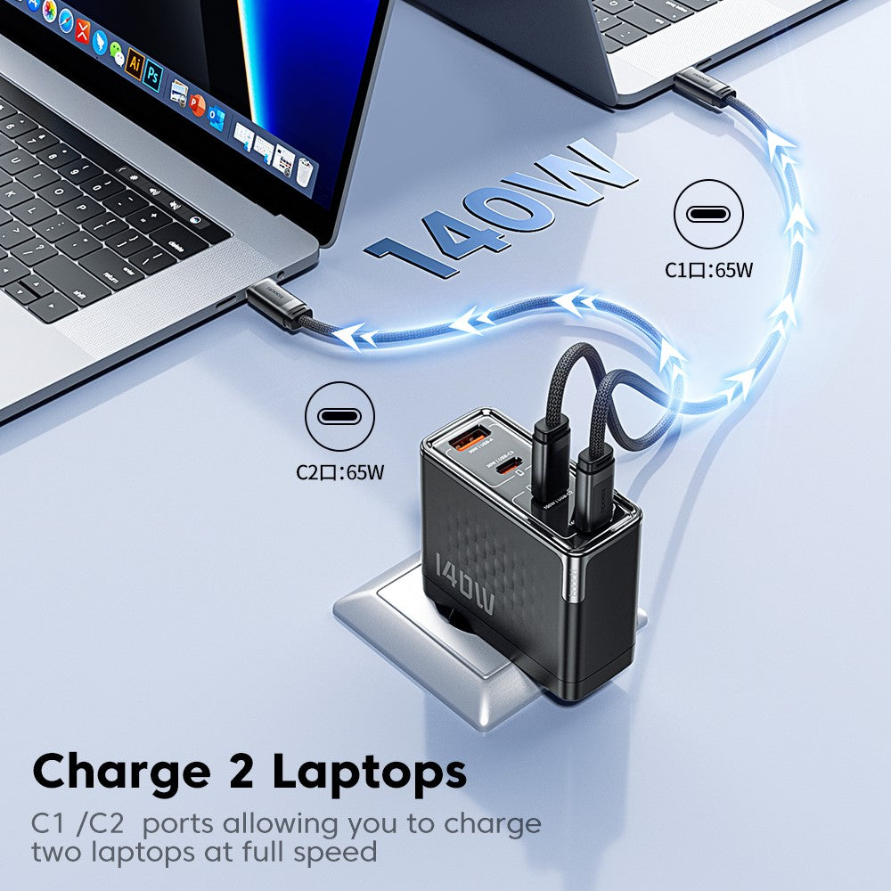 TOOCKI 140W GaN Charger 4-Port 3 USB-C 1 USB-A PD3.1 Fast Charging Station Power Adapter with 2m Cable