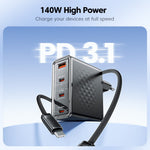 TOOCKI 140W GaN Charger 4-Port 3 USB-C 1 USB-A PD3.1 Fast Charging Station Power Adapter with 2m Cable