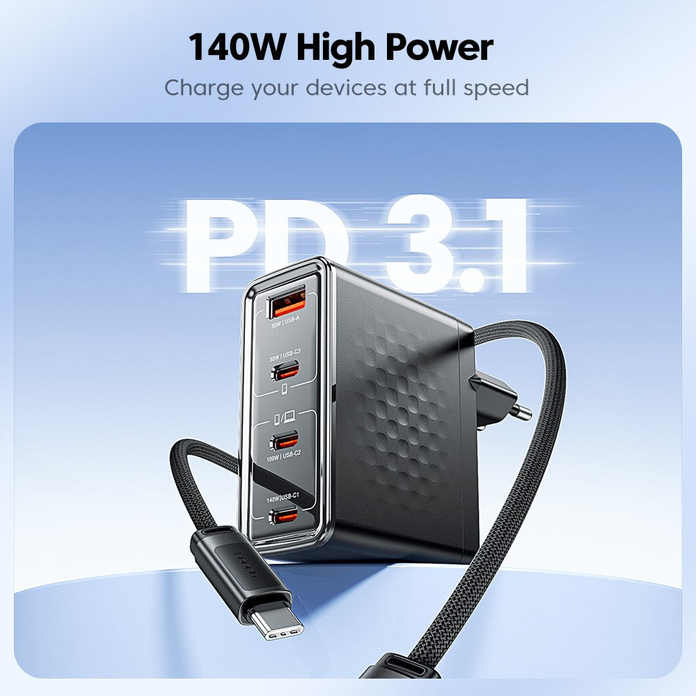 TOOCKI 140W GaN Charger 4-Port 3 USB-C 1 USB-A PD3.1 Fast Charging Station Power Adapter with 2m Cable