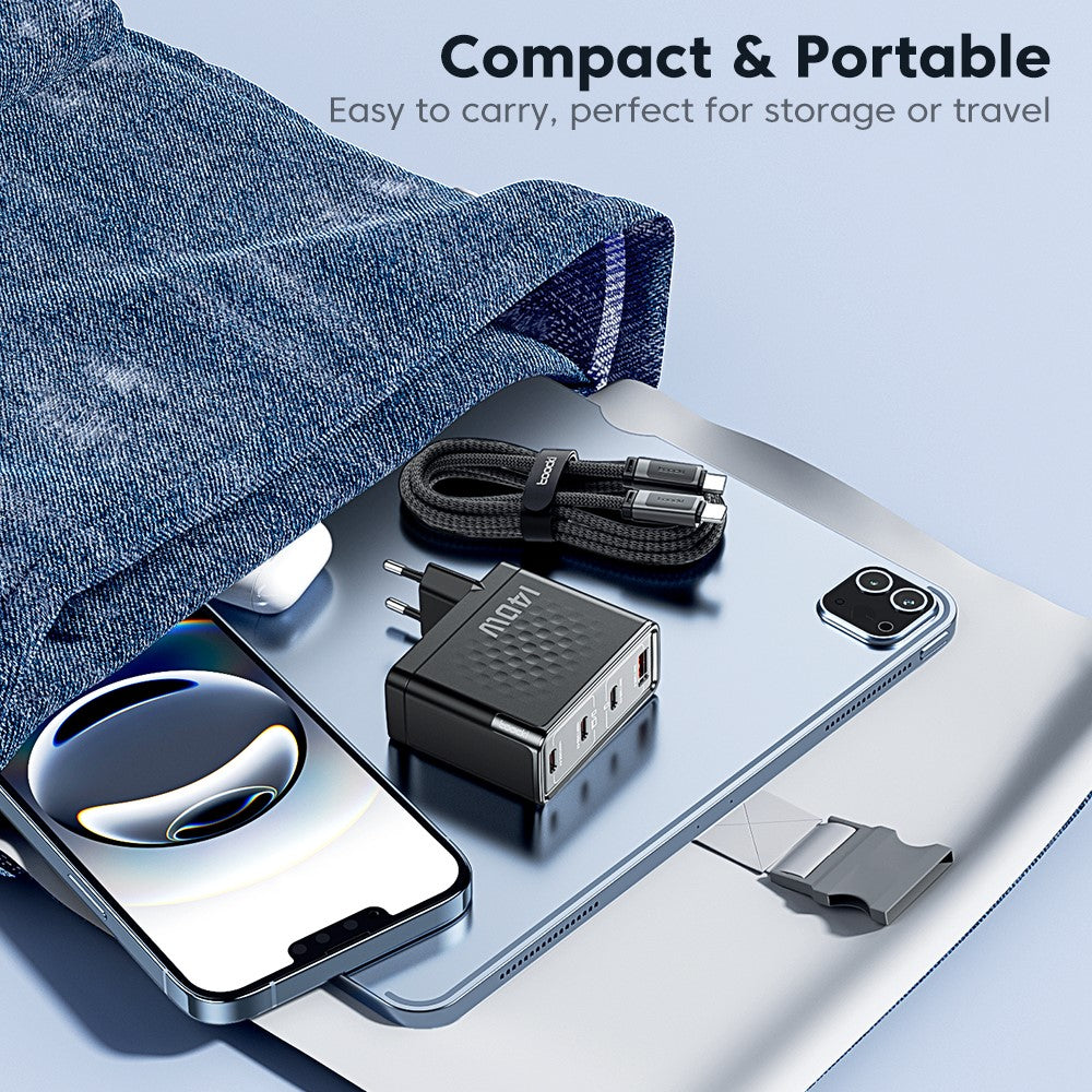 TOOCKI 140W GaN Charger 4-Port 3 USB-C 1 USB-A PD3.1 Fast Charging Station Power Adapter with 2m Cable