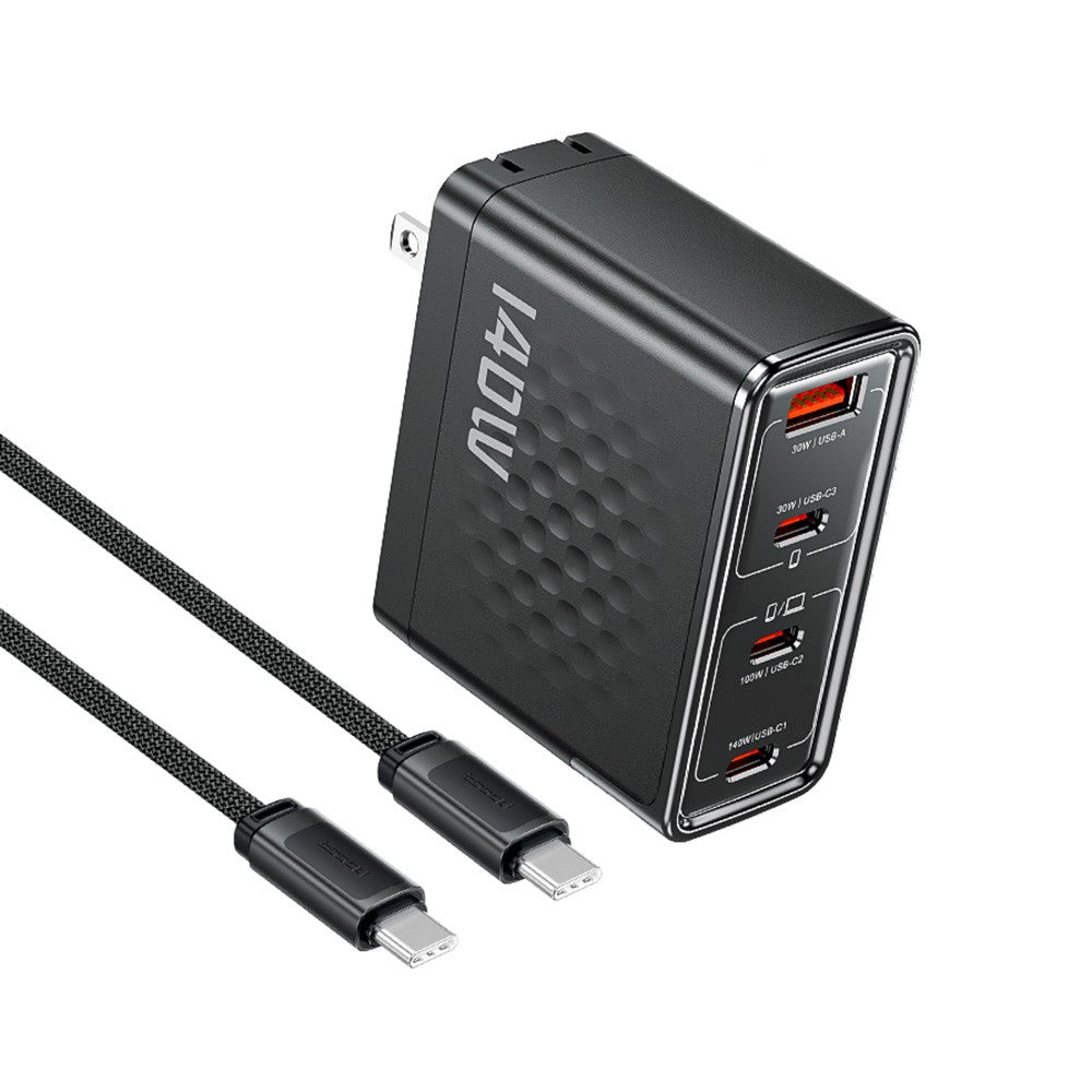 TOOCKI 140W GaN Charger 4-Port 3 USB-C 1 USB-A PD3.1 Fast Charging Station Power Adapter with 2m Cable