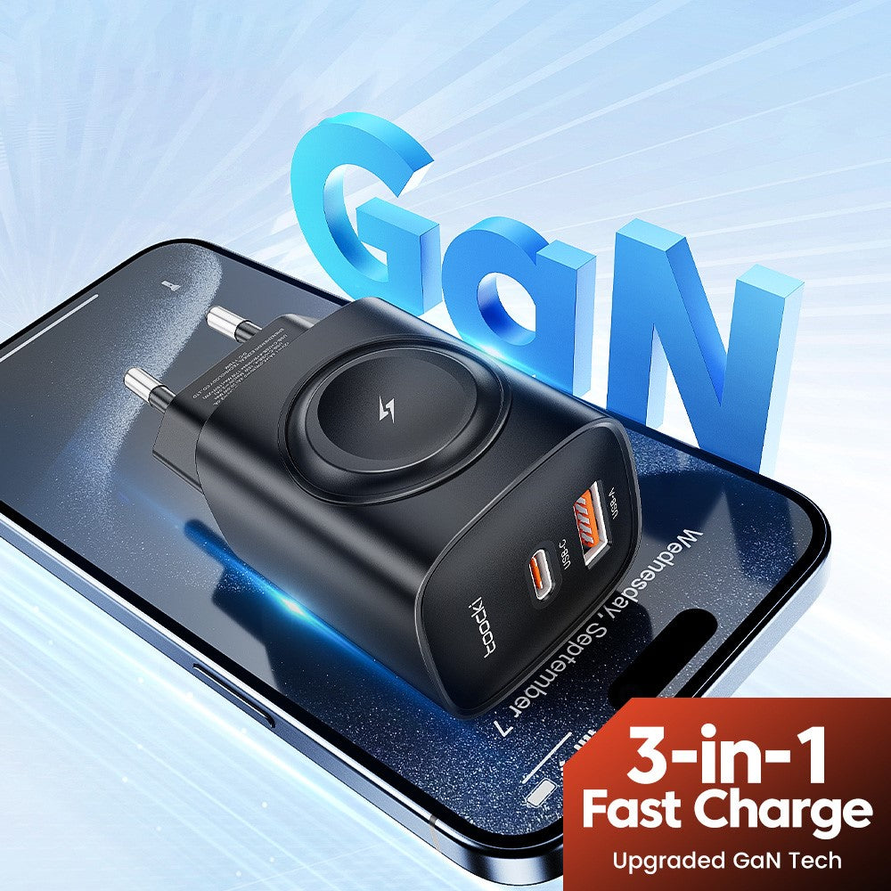 TOOCKI TCT20-21EU 3-in-1 GaN Charger Dual Port 20W USB-C 18W USB-A Magnetic 2W Wireless Charging Station for Apple Watch