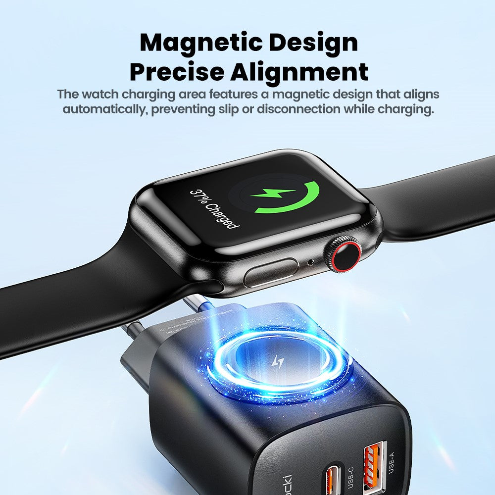 TOOCKI TCT20-21EU 3-in-1 GaN Charger Dual Port 20W USB-C 18W USB-A Magnetic 2W Wireless Charging Station for Apple Watch