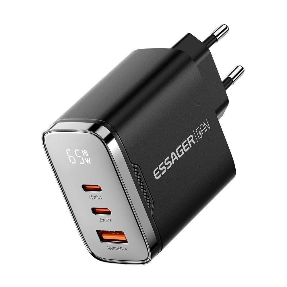 ESSAGER ES-CD64 65W GaN Wall Charger 3-Port 2 USB-C+USB-A Fast Charging Digital Display Travel Power Adapter