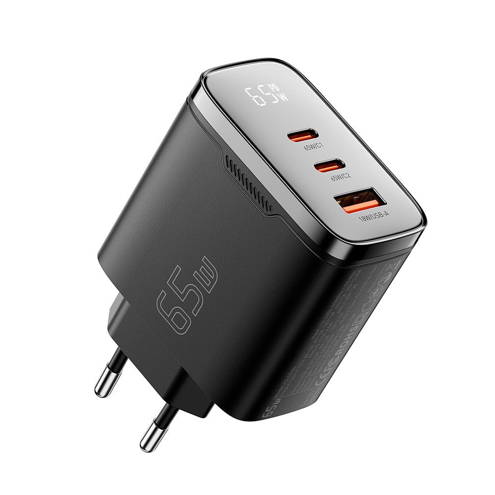 ESSAGER ES-CD64 65W GaN Wall Charger 3-Port 2 USB-C+USB-A Fast Charging Digital Display Travel Power Adapter