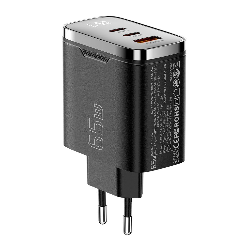 ESSAGER ES-CD64 65W GaN Vægoplader 3-Port 2 USB-C+USB-A Hurtigopladning Rejsestrømadapter med Digitalt Display