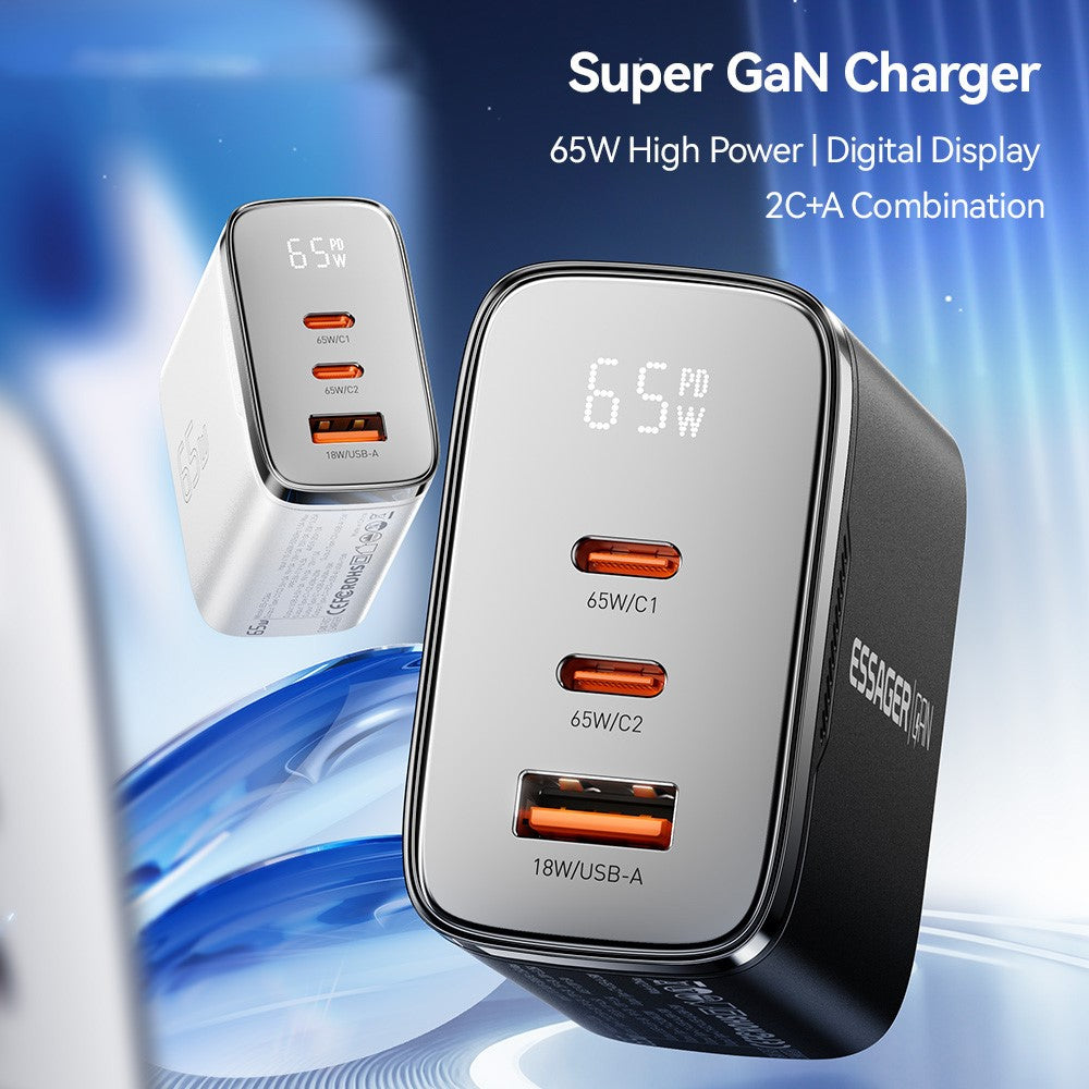 ESSAGER ES-CD64 65W GaN Wall Charger 3-Port 2 USB-C+USB-A Fast Charging Digital Display Travel Power Adapter