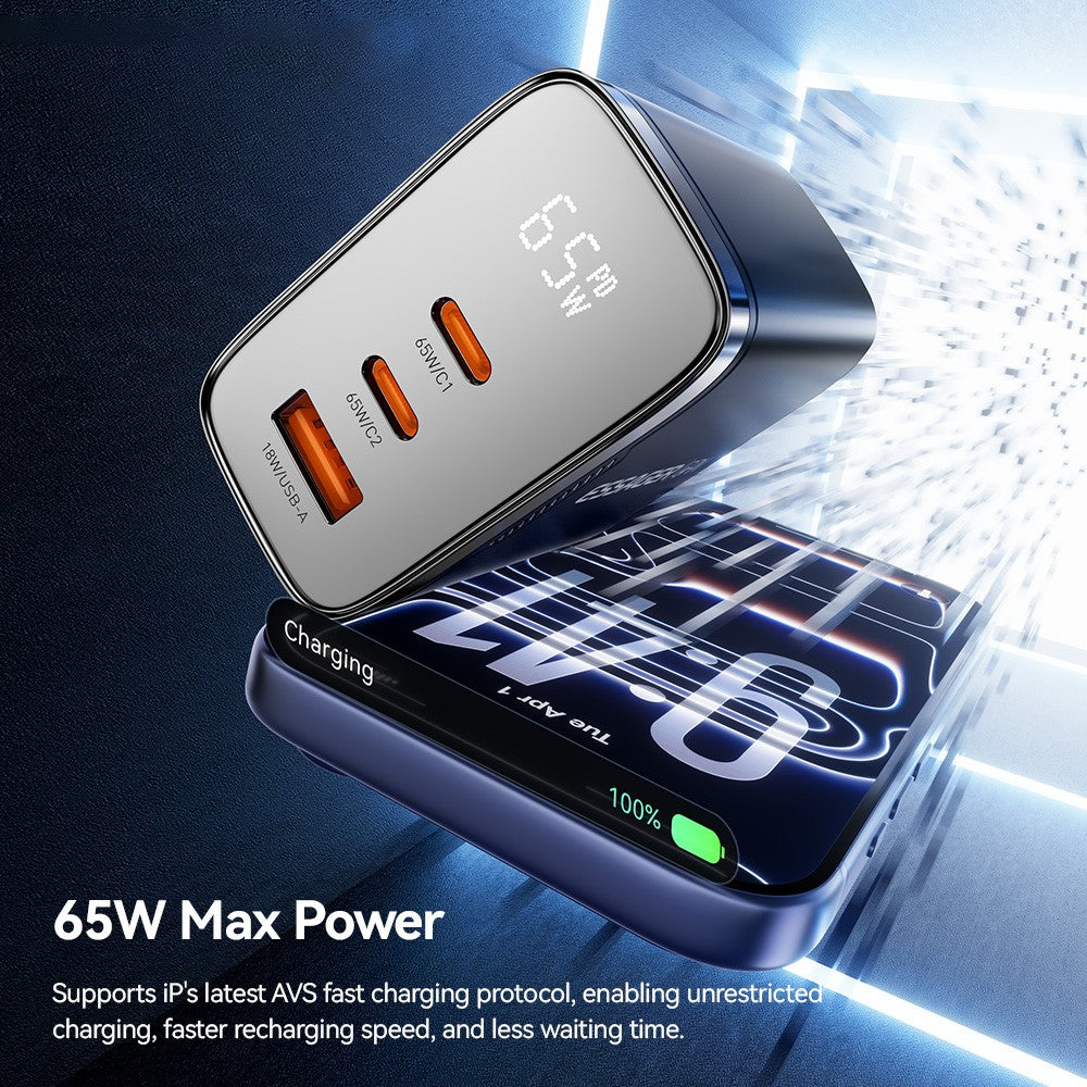 ESSAGER ES-CD64 65W GaN Wall Charger 3-Port 2 USB-C+USB-A Fast Charging Digital Display Travel Power Adapter