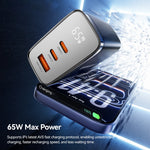ESSAGER ES-CD64 65W GaN Vægoplader 3-Port 2 USB-C+USB-A Hurtigopladning Rejsestrømadapter med Digitalt Display