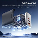 ESSAGER ES-CD64 65W GaN Wall Charger 3-Port 2 USB-C+USB-A Fast Charging Digital Display Travel Power Adapter
