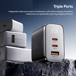 ESSAGER ES-CD64 65W GaN Vægoplader 3-Port 2 USB-C+USB-A Hurtigopladning Rejsestrømadapter med Digitalt Display