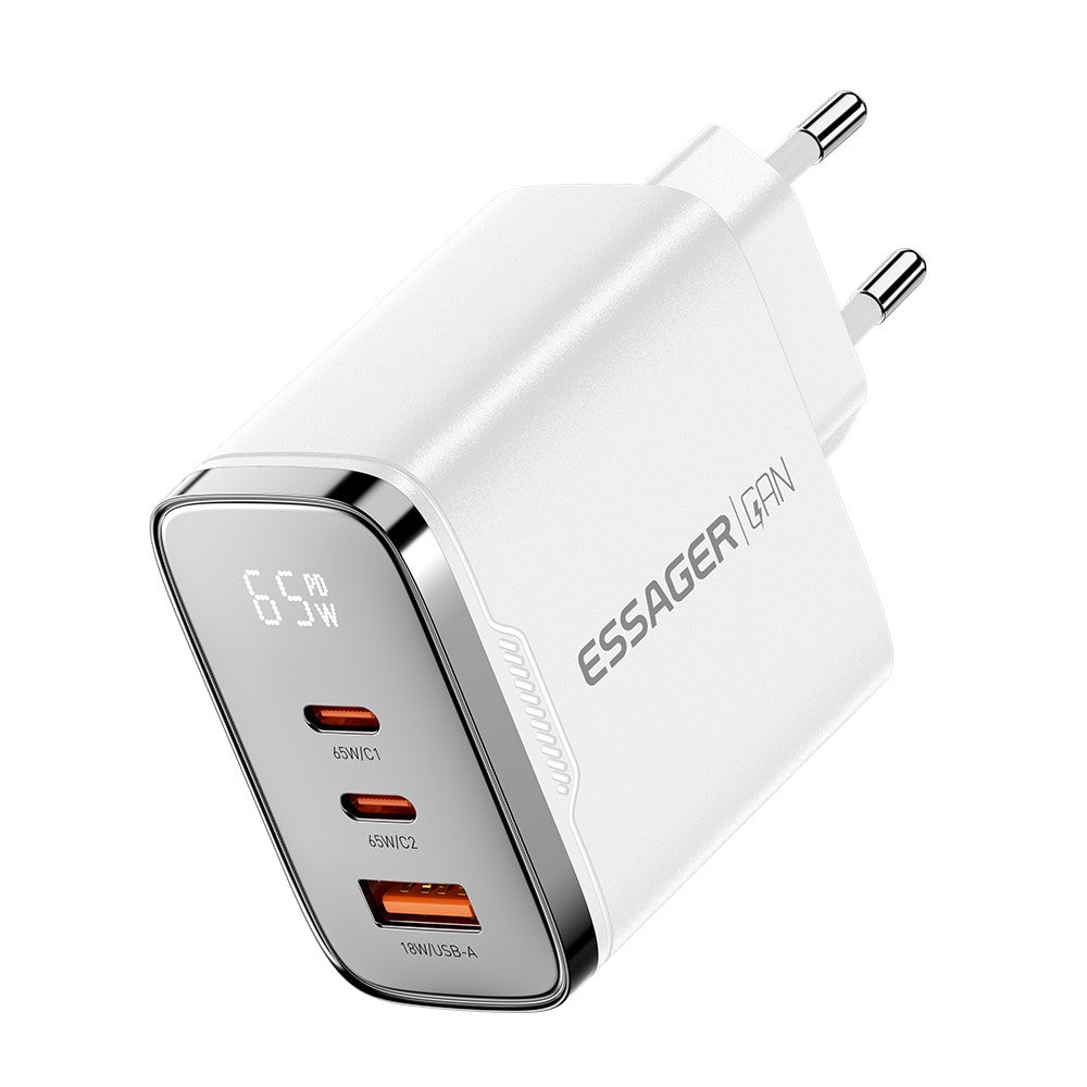 ESSAGER ES-CD64 65W GaN Vægoplader 3-Port 2 USB-C+USB-A Hurtigopladning Rejsestrømadapter med Digitalt Display