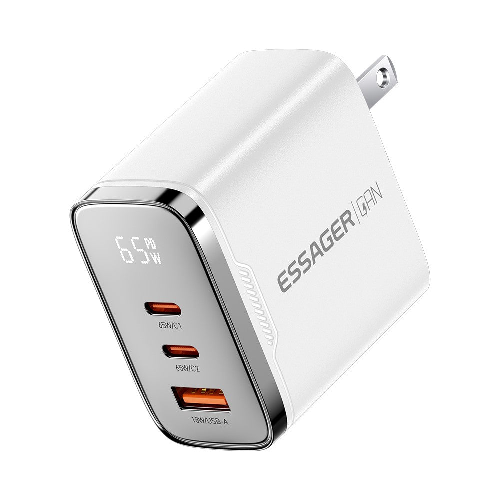 ESSAGER ES-CD64 65W GaN Wall Charger 3-Port 2 USB-C+USB-A Fast Charging Digital Display Travel Power Adapter