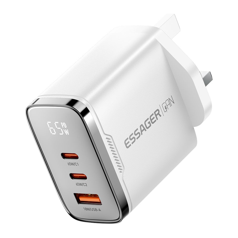 ESSAGER ES-CD64 65W GaN Wall Charger 3-Port 2 USB-C+USB-A Fast Charging Digital Display Travel Power Adapter