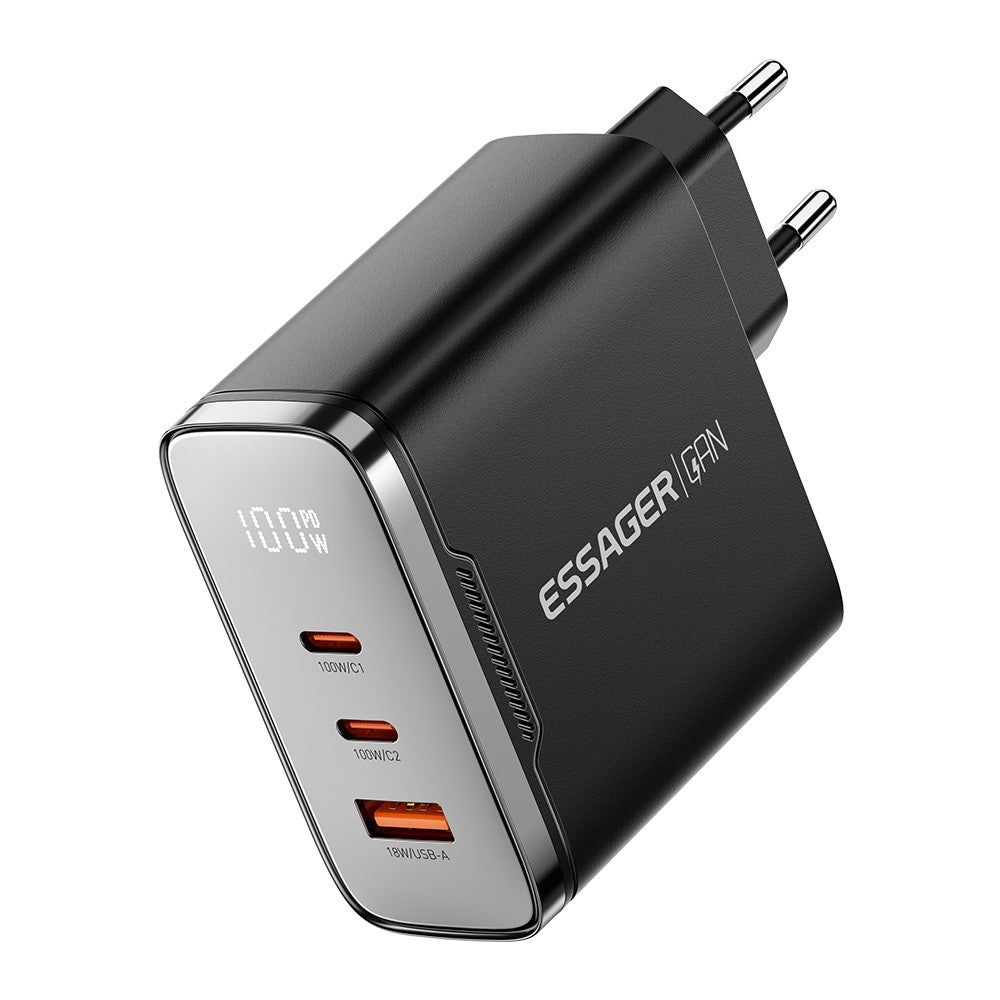 ESSAGER ES-CD56 100W GaN Wall Charger 3-Port 2 USB-C+USB-A Fast Charging Digital Display Travel Power Adapter