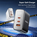 ESSAGER ES-CD56 100W GaN Wall Charger 3-Port 2 USB-C+USB-A Fast Charging Digital Display Travel Power Adapter