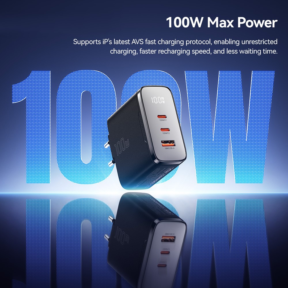 ESSAGER ES-CD56 100W GaN Wall Charger 3-Port 2 USB-C+USB-A Fast Charging Digital Display Travel Power Adapter