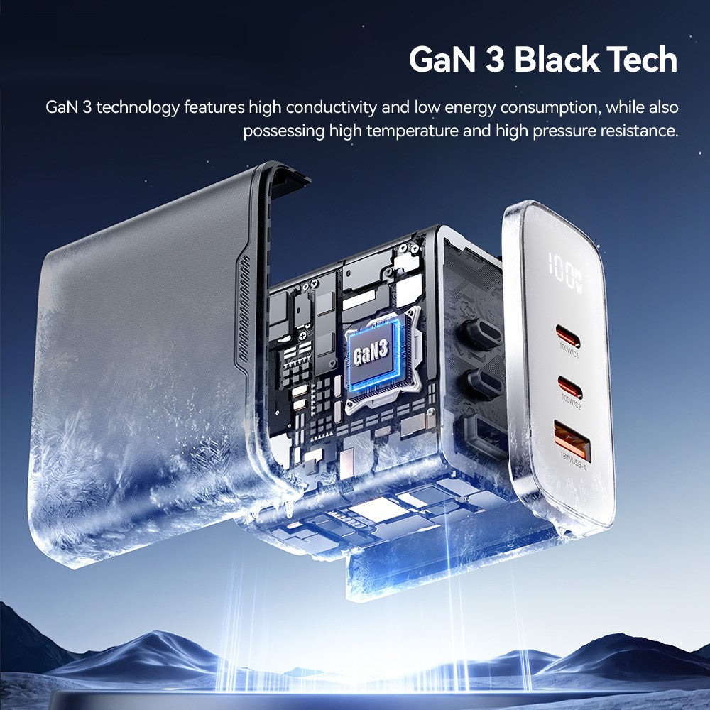 ESSAGER ES-CD56 100W GaN Wall Charger 3-Port 2 USB-C+USB-A Fast Charging Digital Display Travel Power Adapter