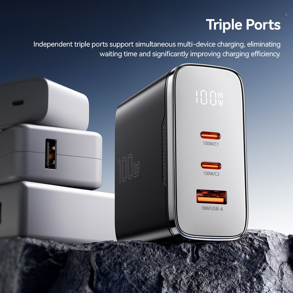 ESSAGER ES-CD56 100W GaN Wall Charger 3-Port 2 USB-C+USB-A Fast Charging Digital Display Travel Power Adapter