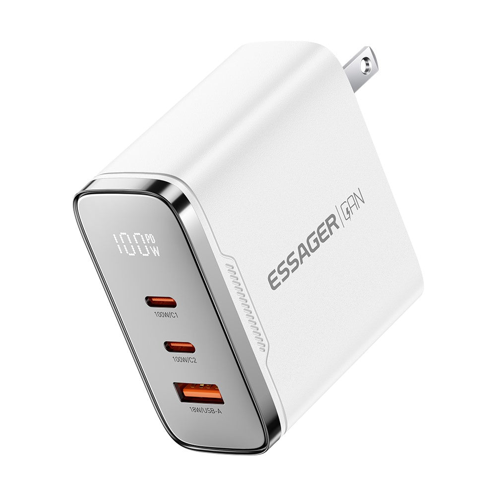 ESSAGER ES-CD56 100W GaN Wall Charger 3-Port 2 USB-C+USB-A Fast Charging Digital Display Travel Power Adapter