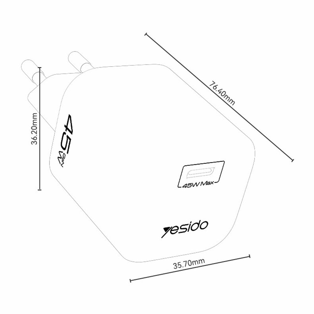 YESIDO YC116 PD 45W GaN Oplader Enkeltport Type-C Hurtigopladningsadapter med Flettet USB-C Kabel