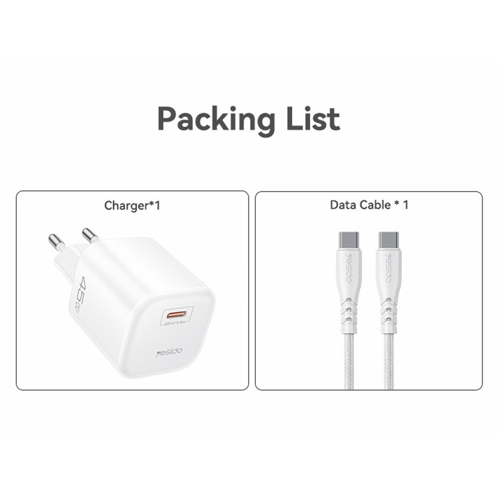 YESIDO YC116 PD 45W GaN Charger Single Port Type-C Fast Charging Adapter with Braided USB-C Cable