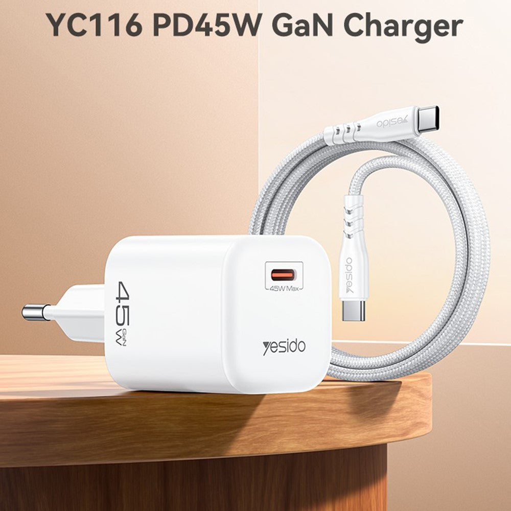 YESIDO YC116 PD 45W GaN Oplader Enkeltport Type-C Hurtigopladningsadapter med Flettet USB-C Kabel