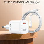 YESIDO YC116 PD 45W GaN Charger Single Port Type-C Fast Charging Adapter with Braided USB-C Cable