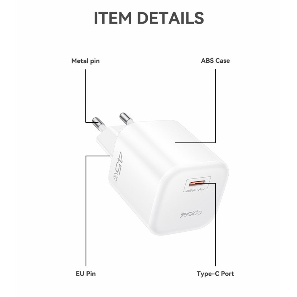 YESIDO YC116 PD 45W GaN Charger Single Port Type-C Fast Charging Adapter with Braided USB-C Cable