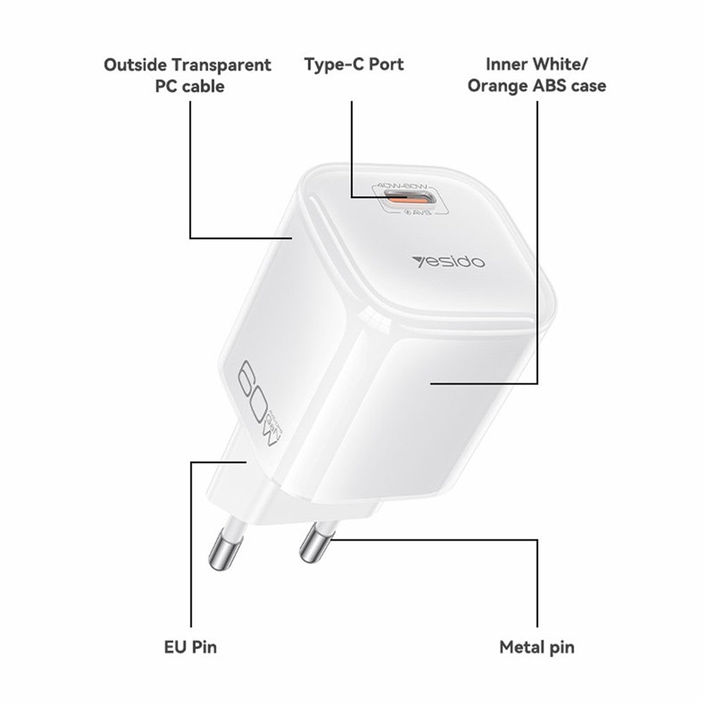 YESIDO YC117 40-60W USB-C GaN Charger with USB-C Cable Clear Dual-Color AVS DPS PPS Dynamic Fast Charging Adapter for Phone Tablet Laptop