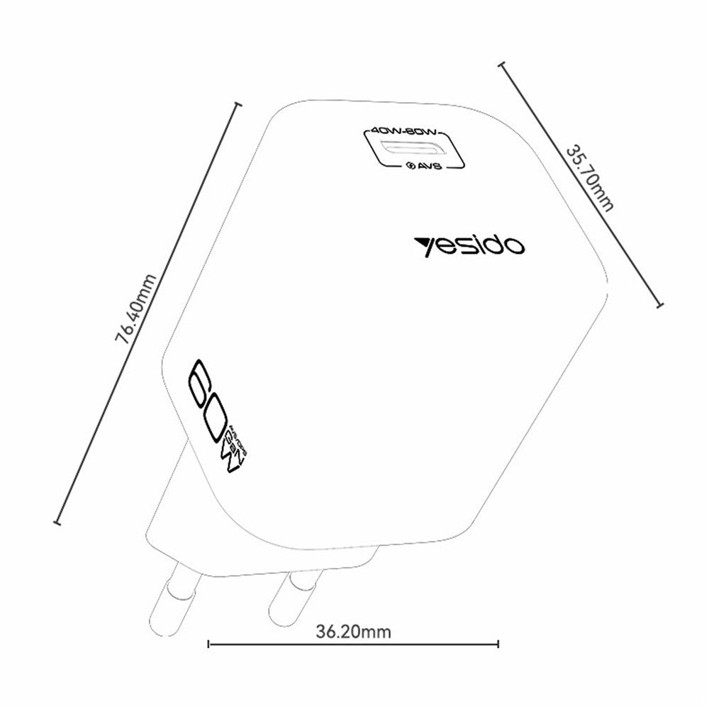 YESIDO YC117 40-60W USB-C GaN Charger with USB-C Cable Clear Dual-Color AVS DPS PPS Dynamic Fast Charging Adapter for Phone Tablet Laptop