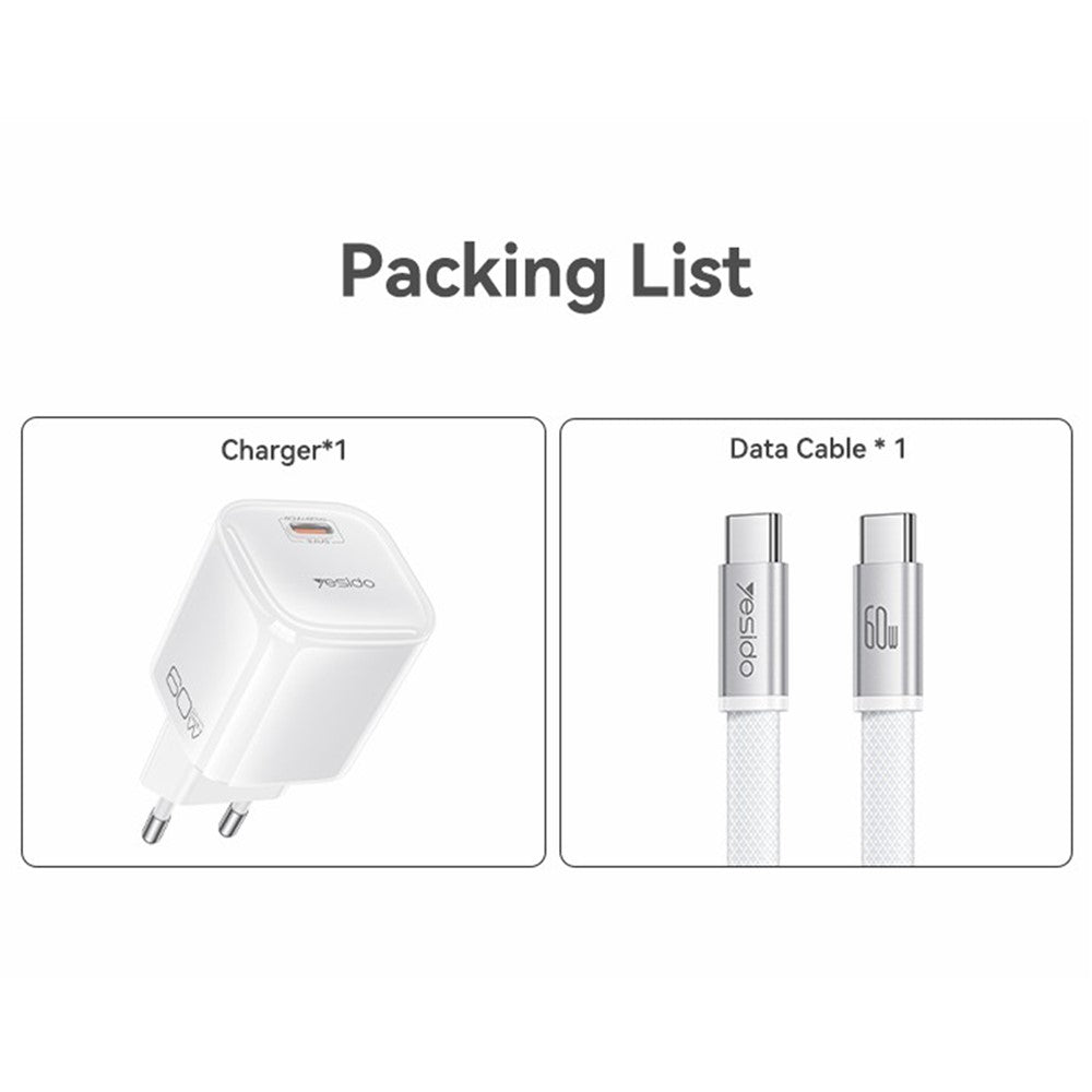 YESIDO YC117 40-60W USB-C GaN Charger with USB-C Cable Clear Dual-Color AVS DPS PPS Dynamic Fast Charging Adapter for Phone Tablet Laptop
