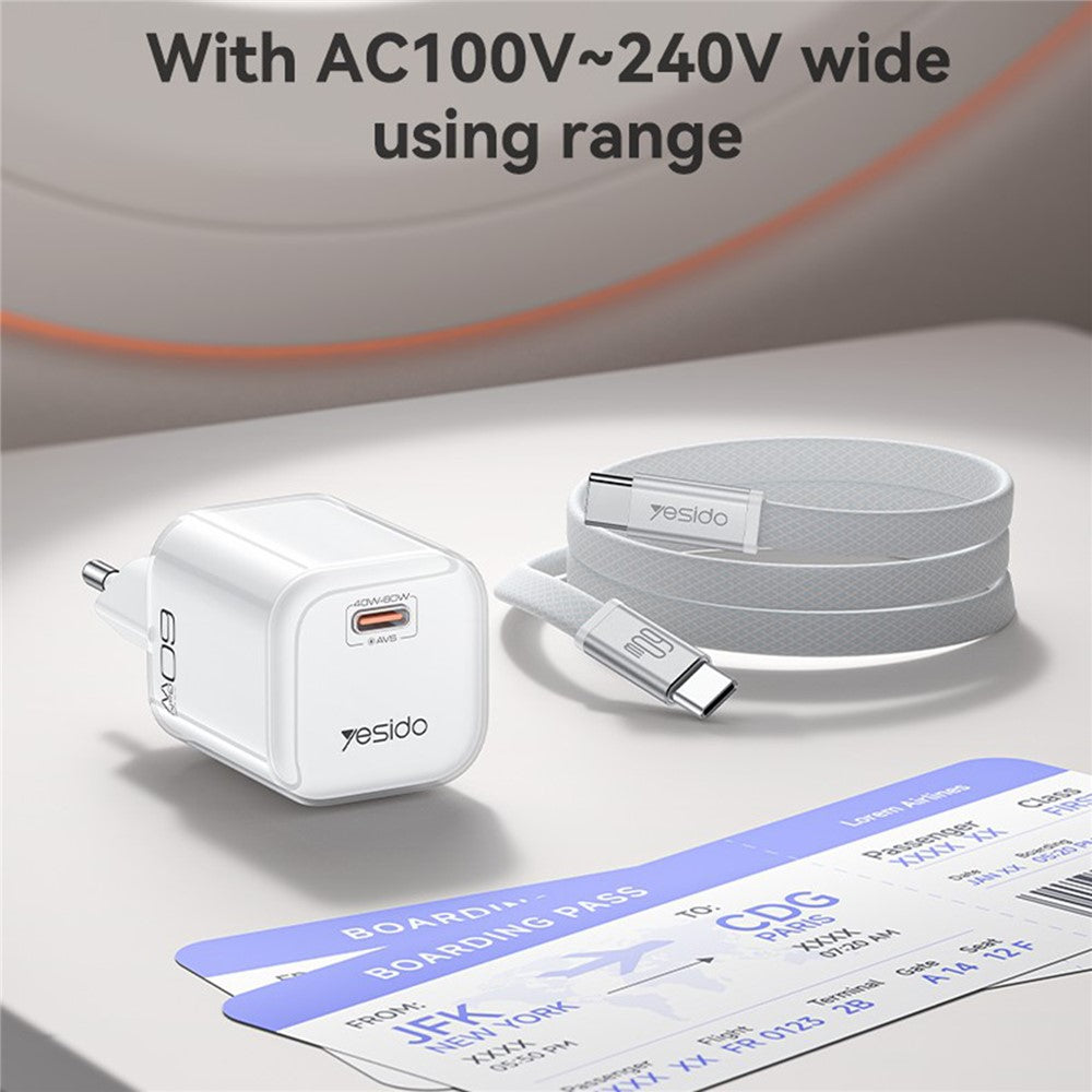 YESIDO YC117 40-60W USB-C GaN Charger with USB-C Cable Clear Dual-Color AVS DPS PPS Dynamic Fast Charging Adapter for Phone Tablet Laptop