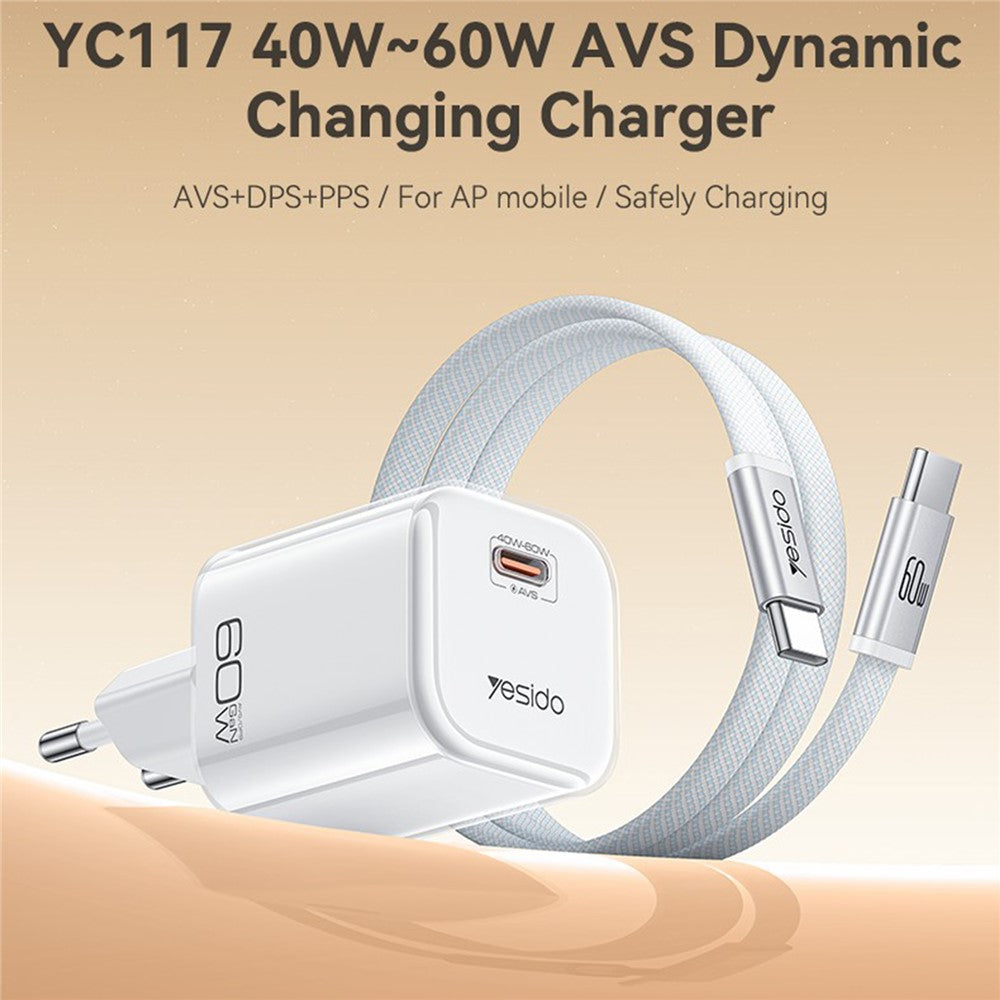 YESIDO YC117 40-60W USB-C GaN Charger with USB-C Cable Clear Dual-Color AVS DPS PPS Dynamic Fast Charging Adapter for Phone Tablet Laptop