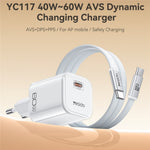YESIDO YC117 40-60W USB-C GaN Charger with USB-C Cable Clear Dual-Color AVS DPS PPS Dynamic Fast Charging Adapter for Phone Tablet Laptop