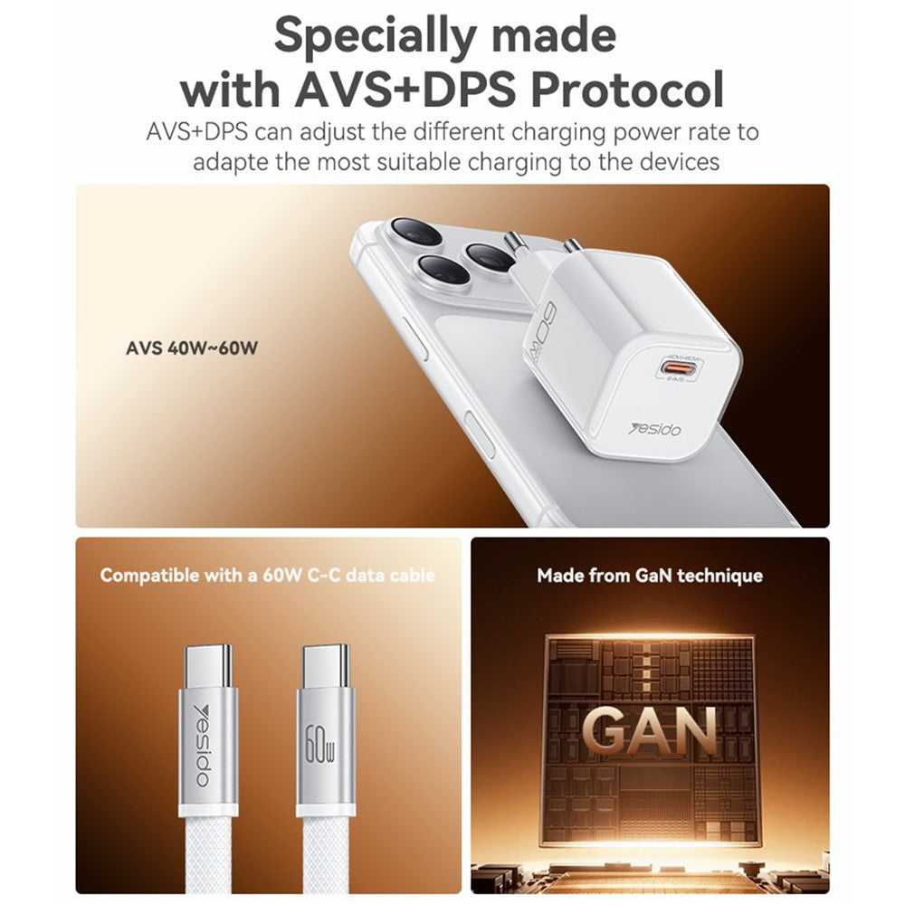 YESIDO YC117 40-60W USB-C GaN Charger with USB-C Cable Clear Dual-Color AVS DPS PPS Dynamic Fast Charging Adapter for Phone Tablet Laptop
