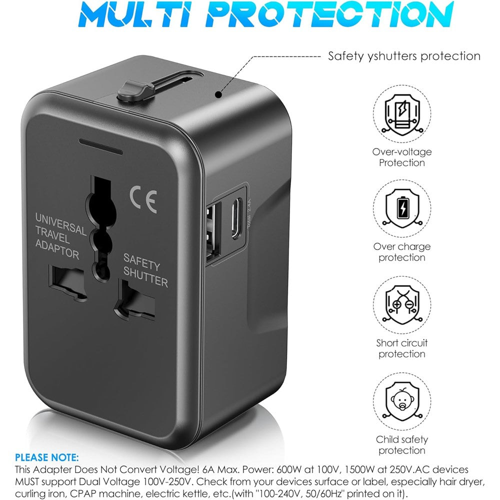 Universal Global Travel Charging Adapter International Plug Charger Converter with AC Outlet + Type C + USB-A Ports