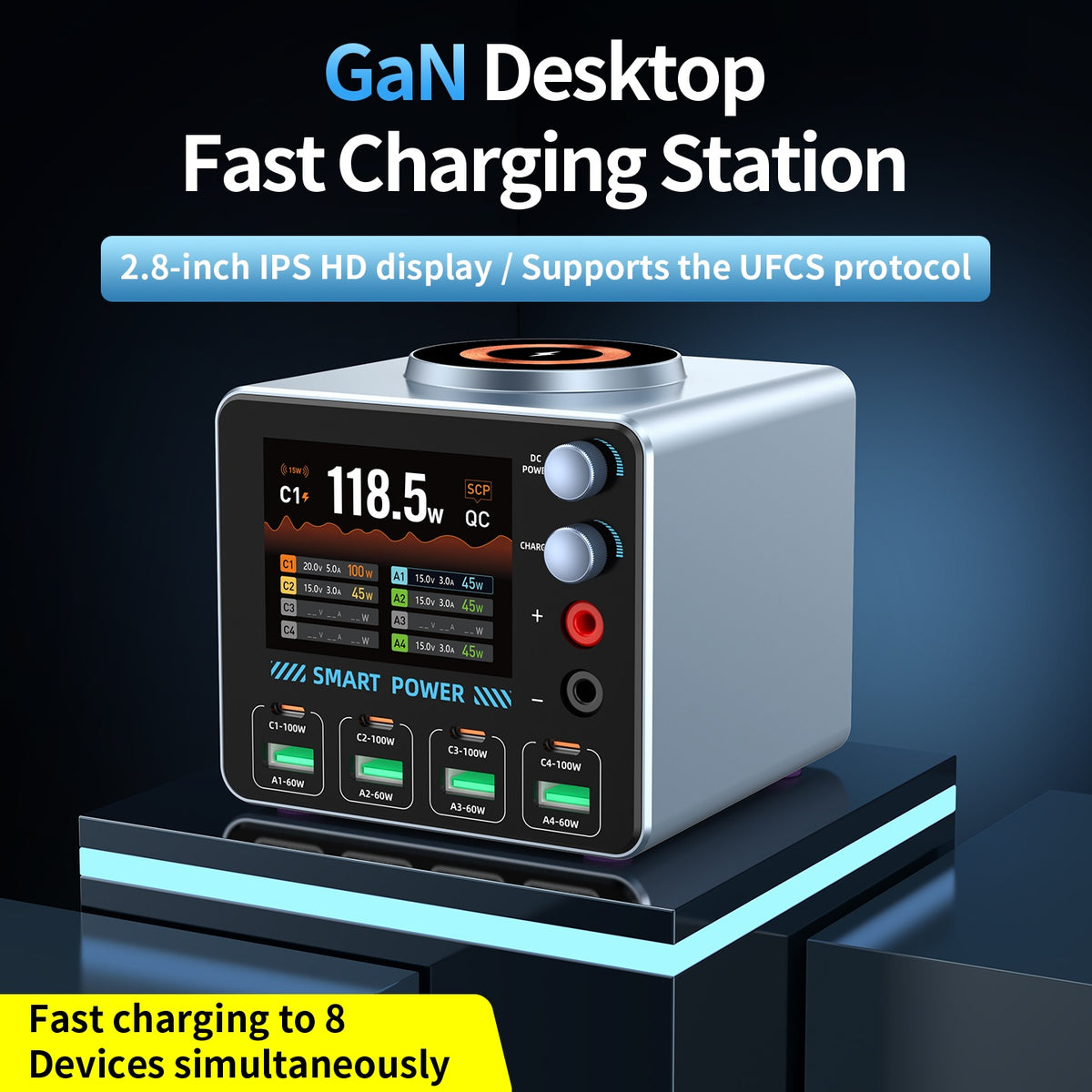 WLX-F4 USB-C + USB-A 8-Port GaN Desktop Charger 100W Fast Charging Station Magnetic Wireless Charger with Digital Display