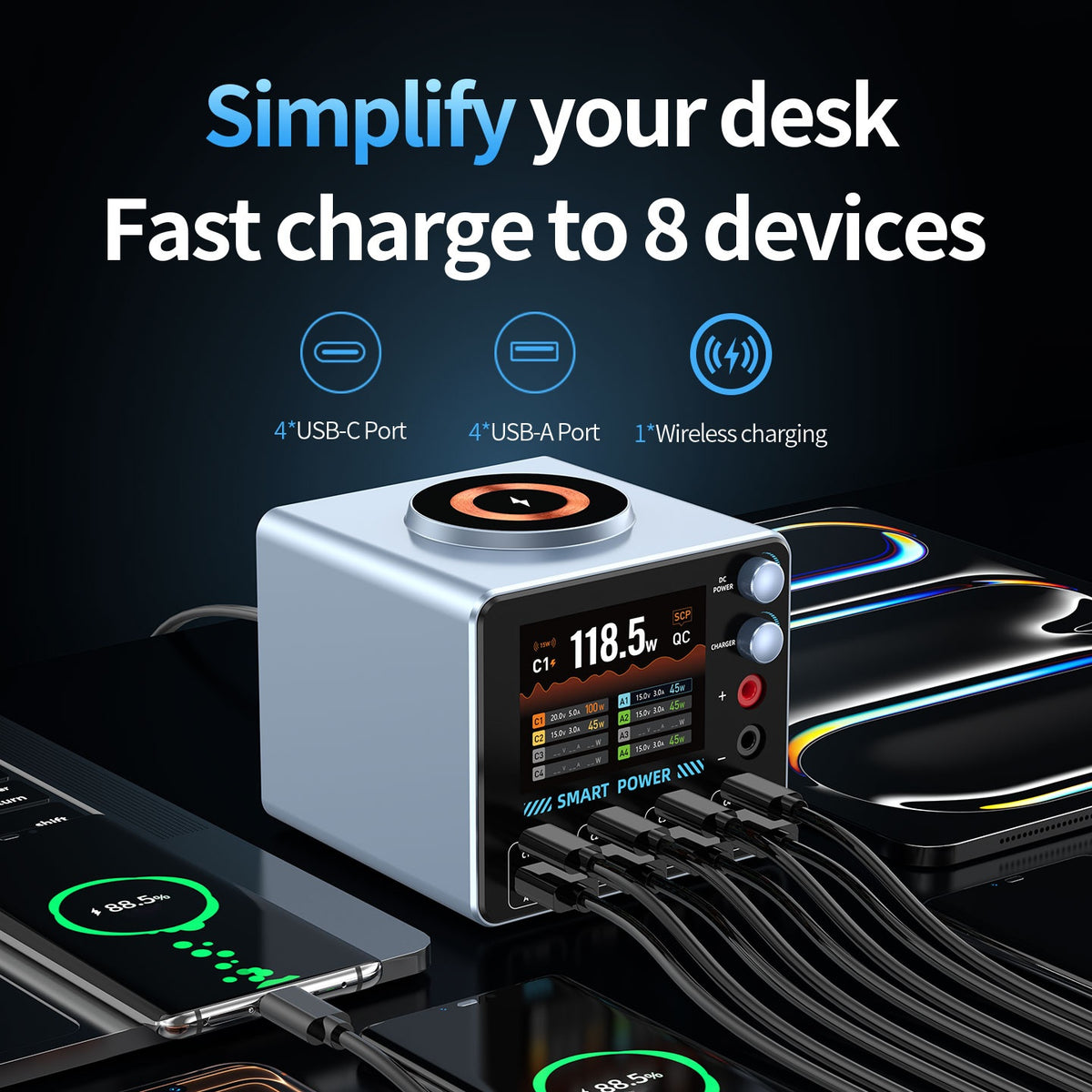 WLX-F4 USB-C + USB-A 8-Port GaN Desktop Charger 100W Fast Charging Station Magnetic Wireless Charger with Digital Display