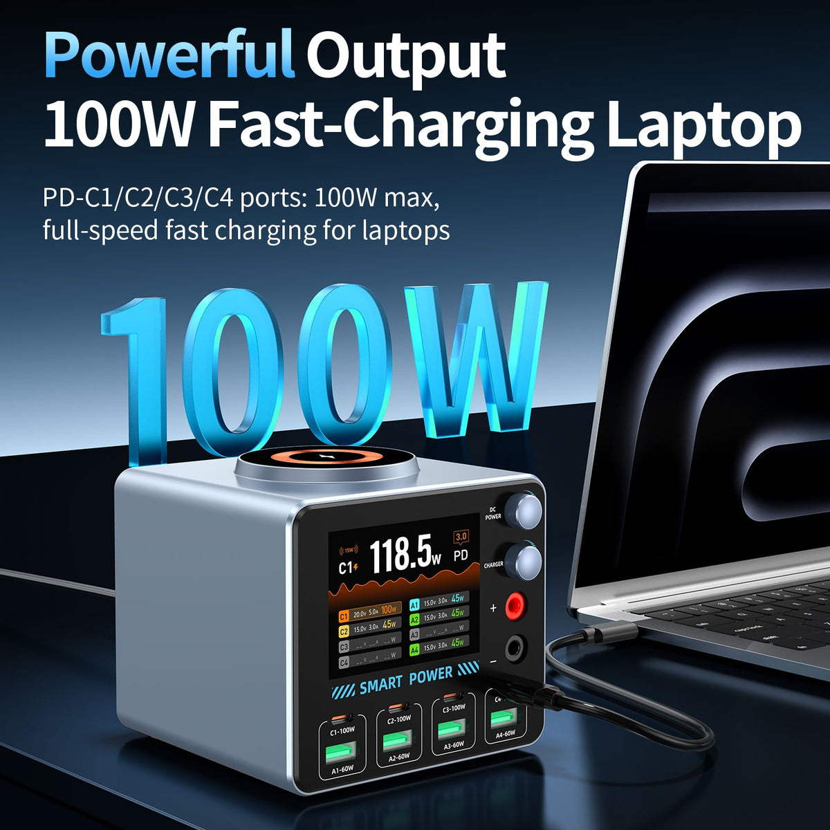 WLX-F4 USB-C + USB-A 8-Port GaN Desktop Charger 100W Fast Charging Station Magnetic Wireless Charger with Digital Display