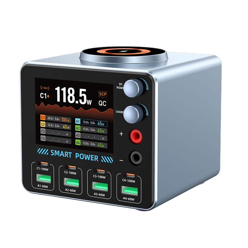 WLX-F4 USB-C + USB-A 8-Port GaN Desktop Charger 100W Fast Charging Station Magnetic Wireless Charger with Digital Display