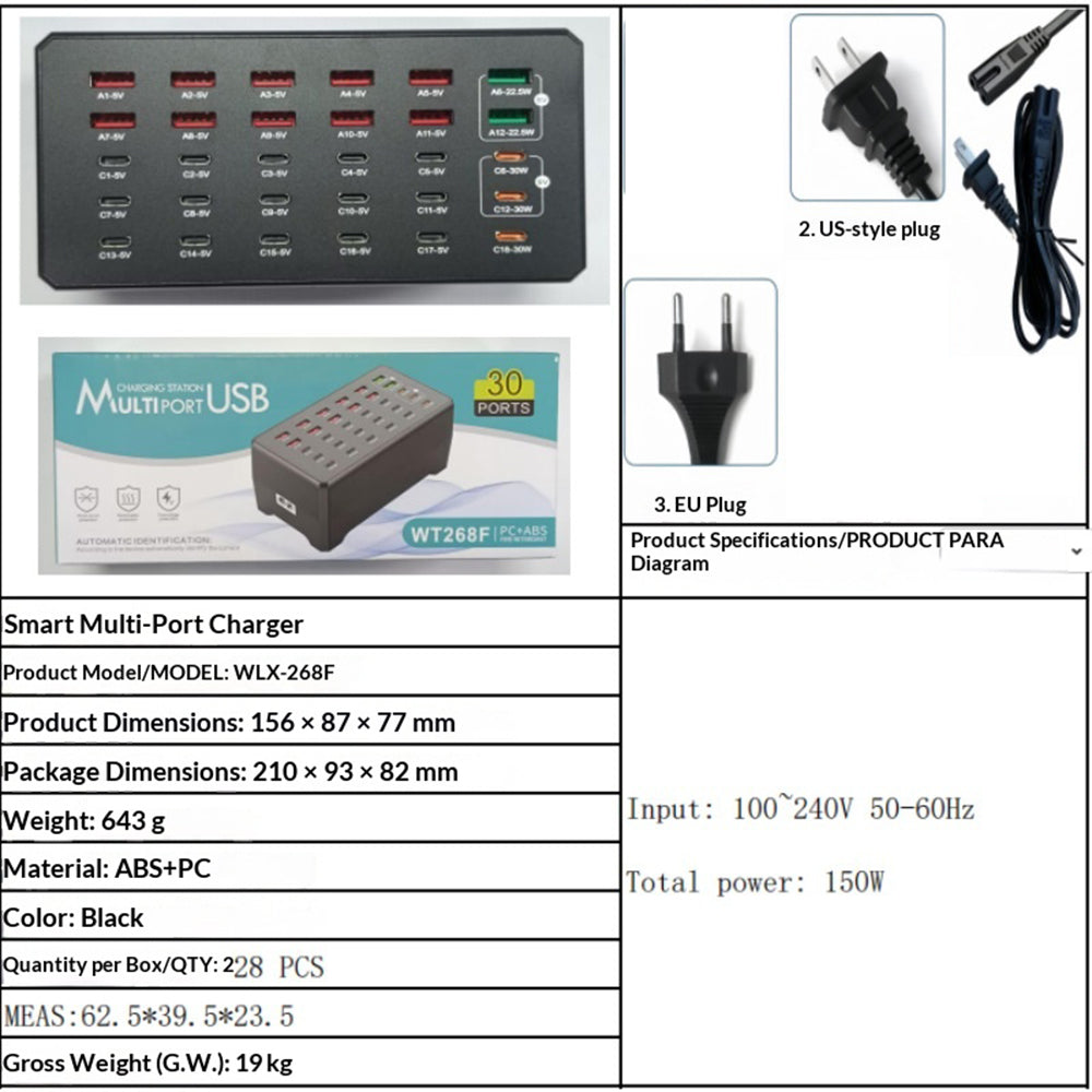 WLX-268F 30-Port Desktop Charger Hub with 18 USB-C and 12 USB-A Ports 30W Fast Charging Station