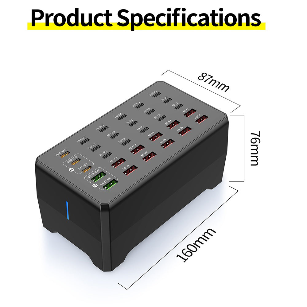 WLX-268F 30-Port Desktop Charger Hub with 18 USB-C and 12 USB-A Ports 30W Fast Charging Station