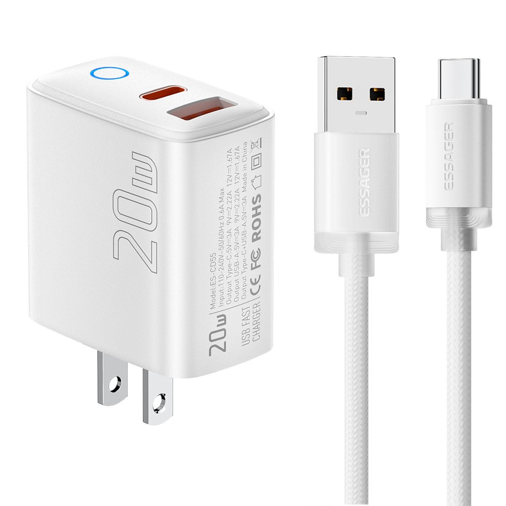 ESSAGER ES-CD55 20W Opladersæt Type-C + USB-A Hurtigoplader med USB-A til Type-C Datakabel