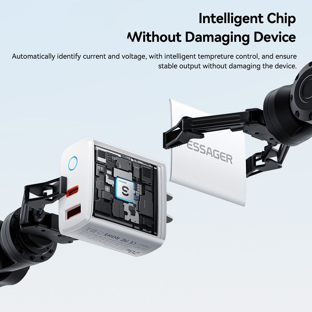 ESSAGER ES-CD55 20W Opladersæt Type-C + USB-A Hurtigoplader med USB-A til Type-C Datakabel
