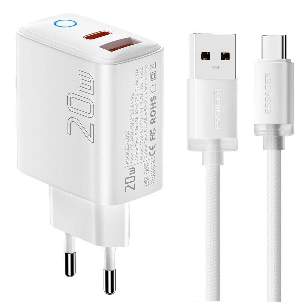 ESSAGER ES-CD55 20W Opladersæt Type-C + USB-A Hurtigoplader med USB-A til Type-C Datakabel