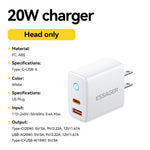 ESSAGER ES-CD55 20W Wall Charger Dual Port USB-A + Type-C Fast Charging Adapter for Phone