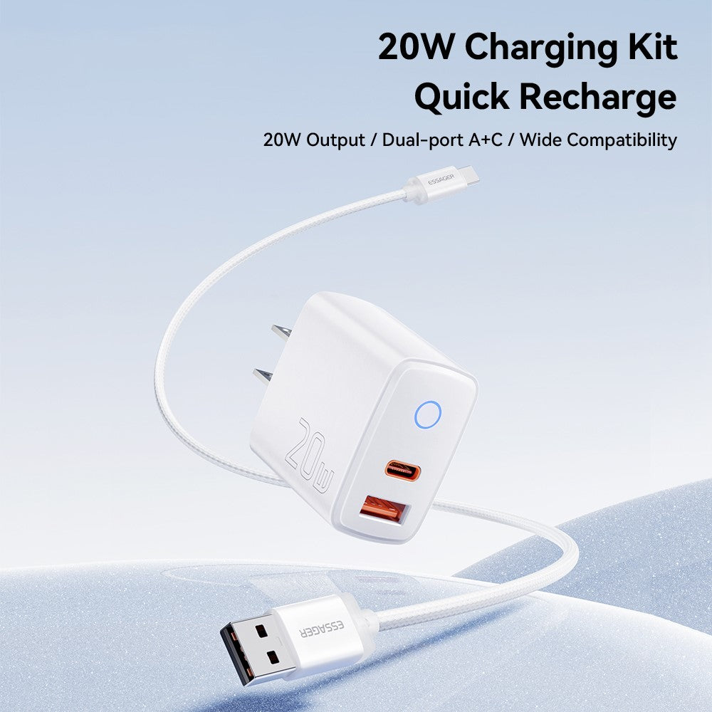 ESSAGER ES-CD55 20W Wall Charger Dual Port USB-A + Type-C Fast Charging Adapter for Phone