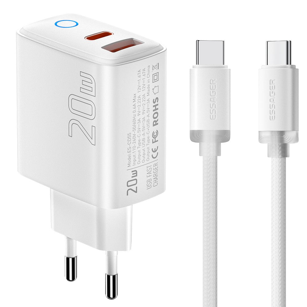 ESSAGER ES-CD55 20W Opladersæt Dobbeltport USB-A + Type-C Hurtigopladningsadapter med Type-C til Type-C Kabel