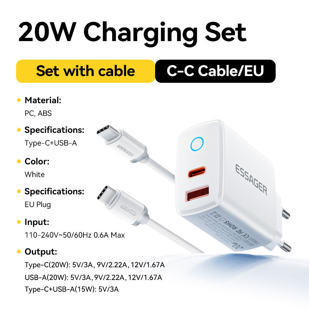 ESSAGER ES-CD55 20W Opladersæt Dobbeltport USB-A + Type-C Hurtigopladningsadapter med Type-C til Type-C Kabel